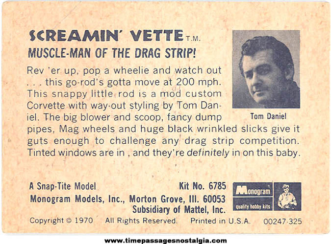 1970 Tom Daniel Chevrolet Screamin’ Vette Mattel Monogram Model Kit Trading Card