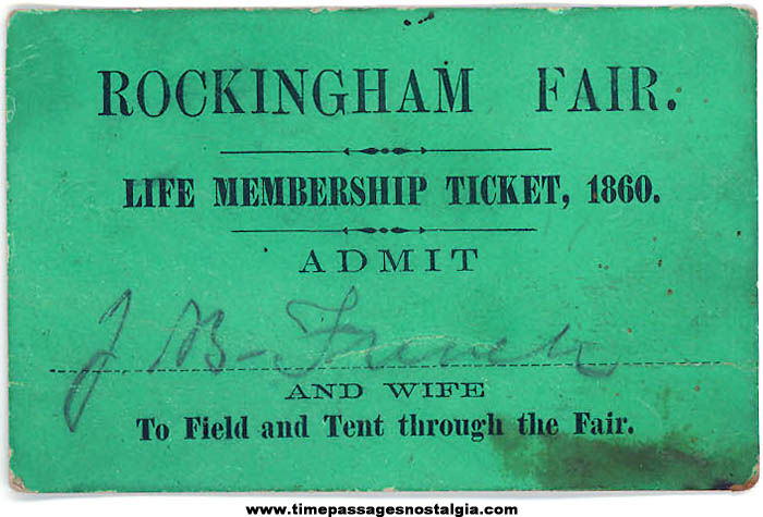 1860 Rockingham Fair Advertising Life Membership Ticket