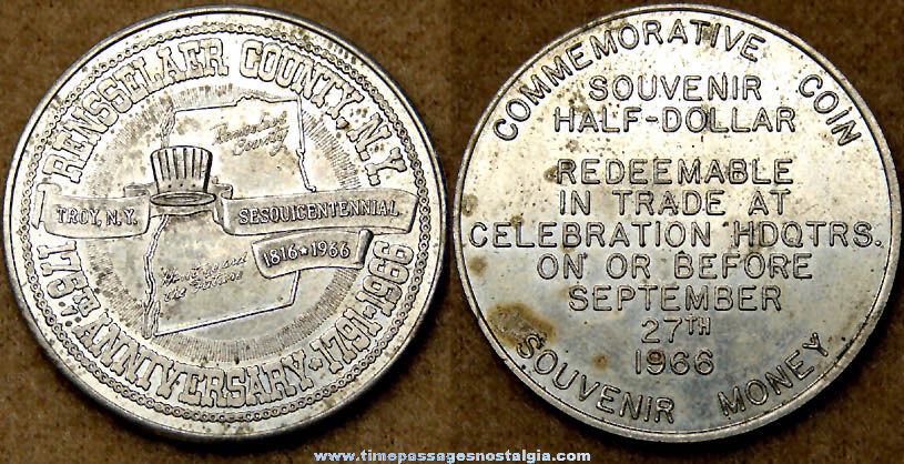 1966 Rensselaer County New York 175th Anniversary Advertising Souvenir Commemorative Medal Token Coin
