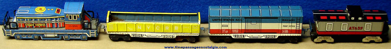 Colorful Old Lithographed Tin Toy Straco Express Locomotive Engine and (3) Train Cars