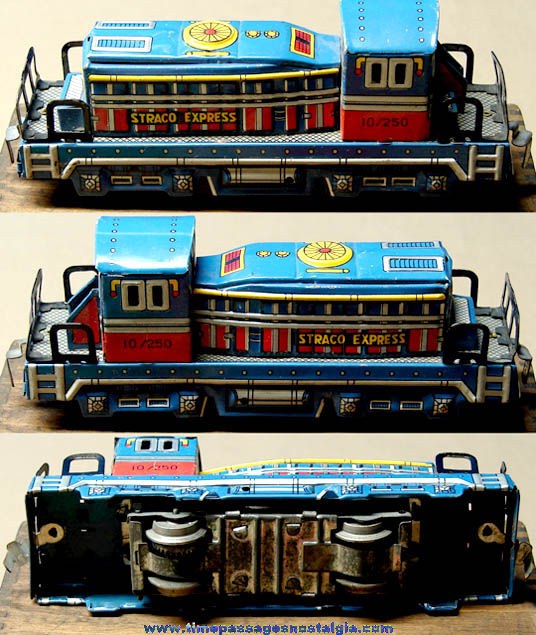 Colorful Old Lithographed Tin Toy Straco Express Locomotive Engine and (3) Train Cars