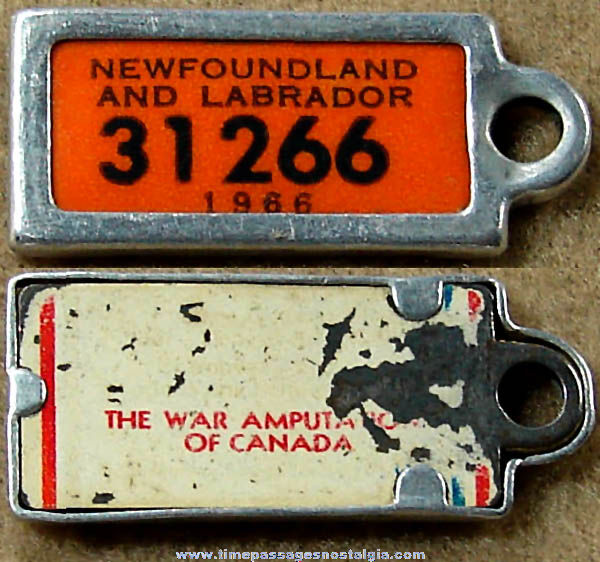 1966 Newfoundland & Labrador Canada War Amputation Veteran License Plate Key Chain Charm