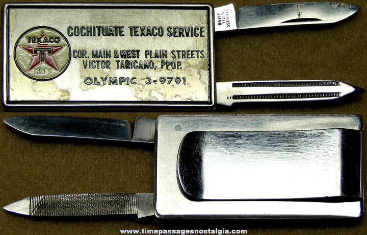 Old Cochituate Texaco Service Station Advertising Premium Money Clip Pocket Knife