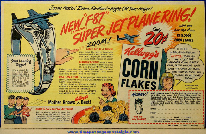 ©1948 Kellogg’s Corn Flakes Cereal Premium F-87 Curtiss Super Jet Plane Toy Ring Advertisement
