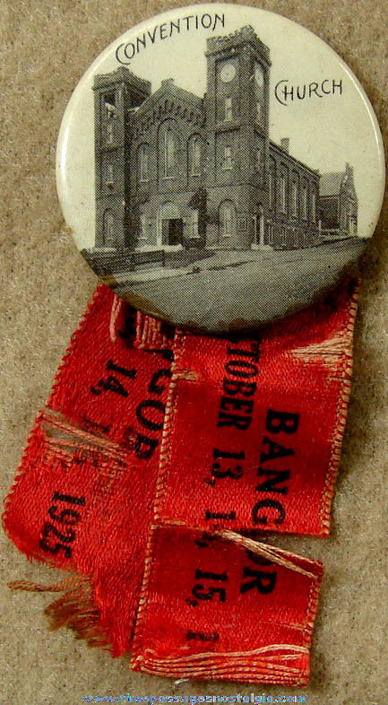 1925 Bangor Maine Convention Church Celluloid Pin Back Button With Ribbons