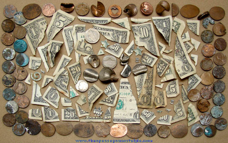(140) Pieces of Mutilated or Damaged American Currency & Coins