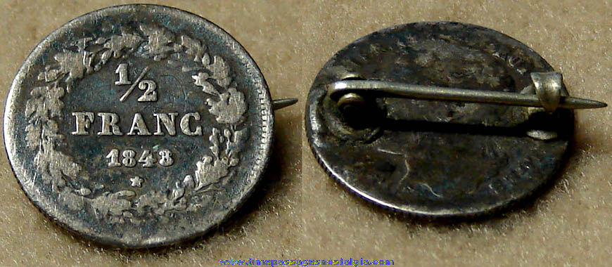1843 Leopold I Belgian Silver 1/2 Franc Coin Jewelry Pin