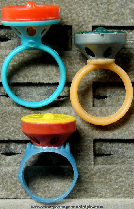 (3) Different Colorful Old Gum Ball Machine Prize Siren Whistle Toy Rings
