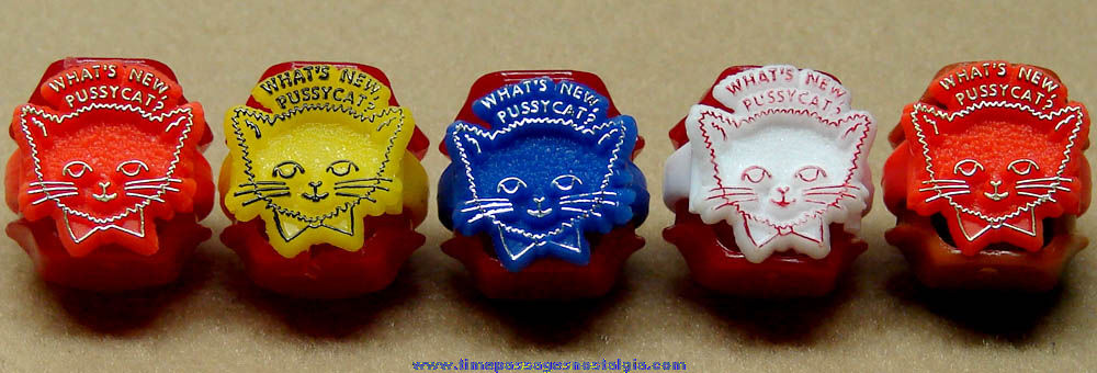 (5) Colorful Old Unused ’’What’s New Pussycat?’’ Gum Ball Machine Prize Toy Rings