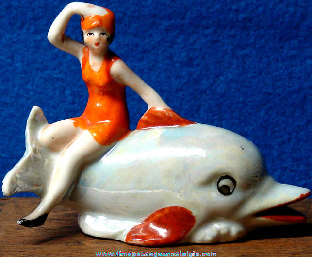Old Bathing Flapper Woman & Dolphin Porcelain Figurine