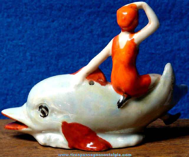 Old Bathing Flapper Woman & Dolphin Porcelain Figurine