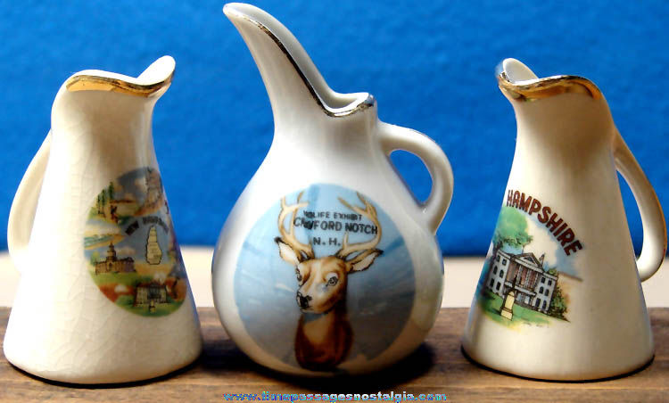 (3) Small Old Porcelain New Hampshire Advertising Souvenir Creamer Pitchers
