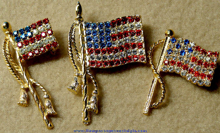 (3) Different Old Metal American Flag Pins with Stones