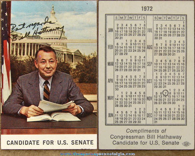 1972 United States Congressman Bill Hathaway Advertising Calendar Card