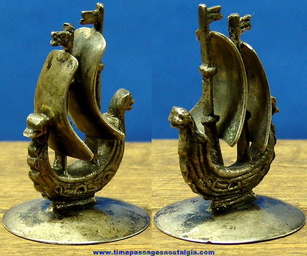 Old Miniature Metal Sailing Ship Figurine with Base
