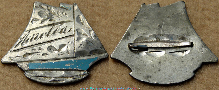 Old Miniature Cut & Engraved Metal Sailboat Jewelry Pin