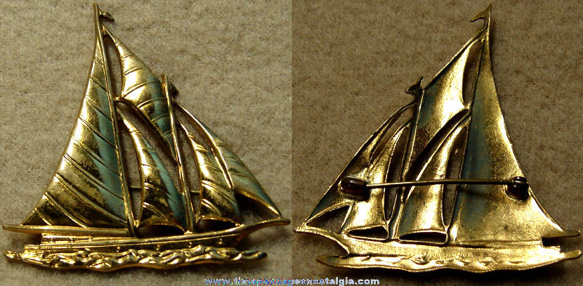 Old Brass Metal Schooner Sailing Ship or Boat Jewelry Pin