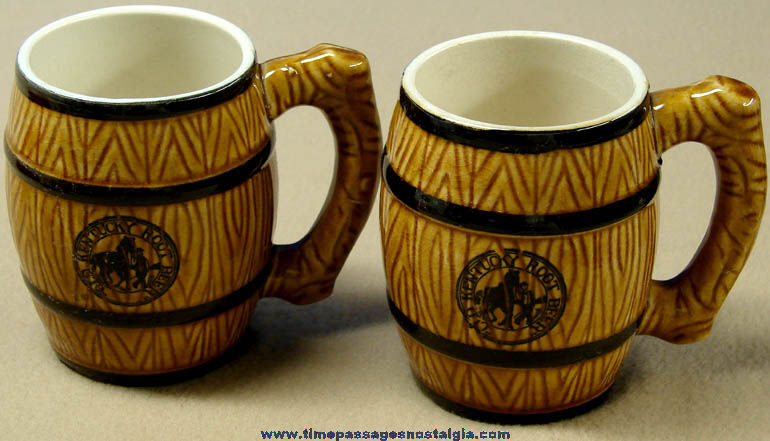 (2) Old Matching Old Kentucky Root Beer Advertising Ceramic Barrel Drink Mugs