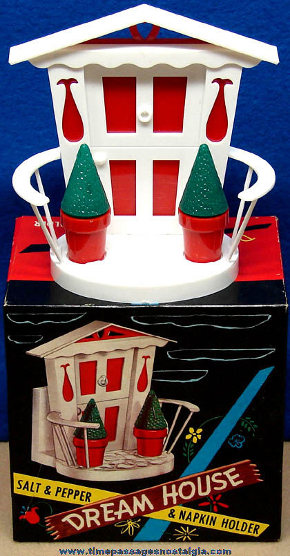 Colorful Old Unused & Boxed Dream House Salt & Pepper Shaker and Napkin Holder Set