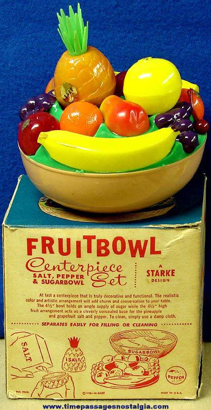 Colorful 1958 Unused & Boxed Fruit Bowl Salt & Pepper Shaker and Sugar Bowl Centerpiece Set