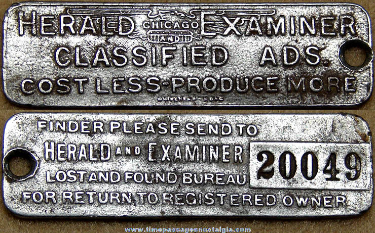 Old Numbered Chicago Herald & Examiner Newspaper Advertising Identification Key Chain Fob Charm