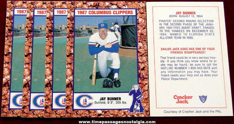 (5) 1987 Columbus Clippers Jay Buhner Cracker Jack Baseball Cards