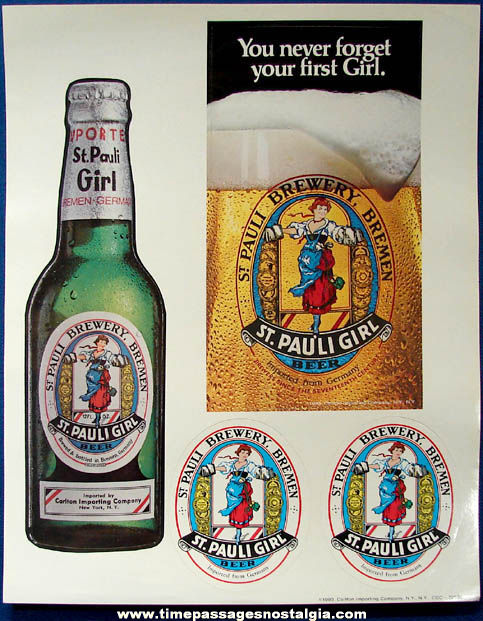 (8) Large Colorful 1983 Unused St. Pauli Girl Beer Advertising Store Sticker Sheets
