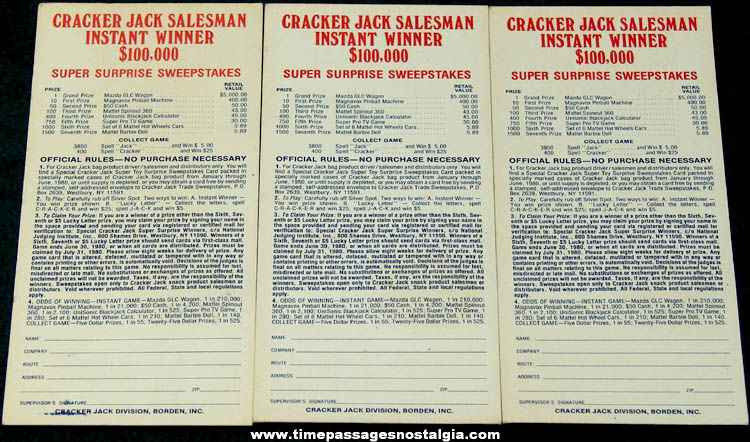 (3) 1980 Cracker Jack Salesman Instant Winner Contest Cards