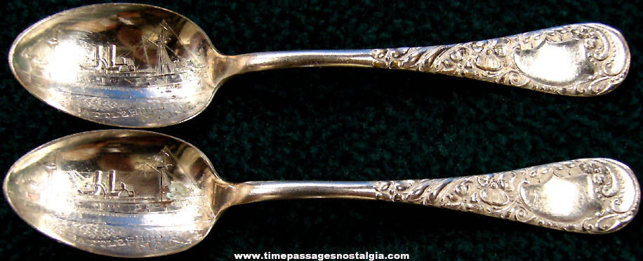 (2) Matching Old Silver Plated United States Navy Ship U.S.S. Maine Battleship Spoons