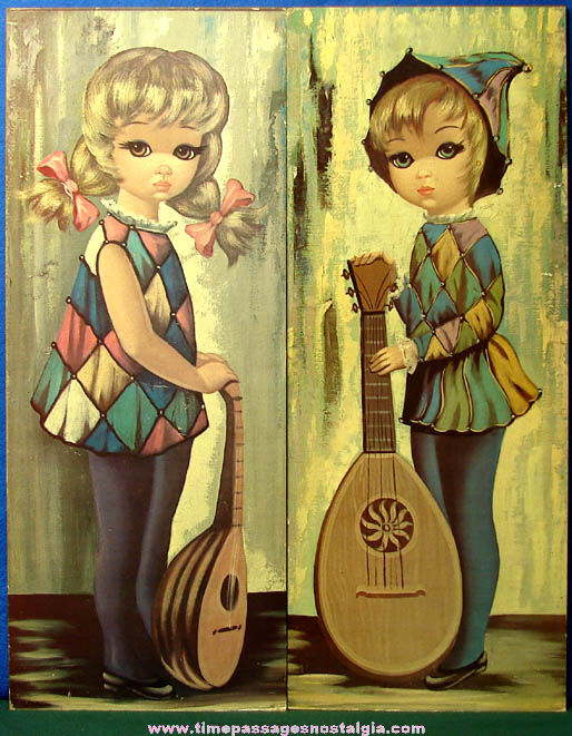 (2) Large Old Eden Big Eyed Young Harlequin Girl Art Prints