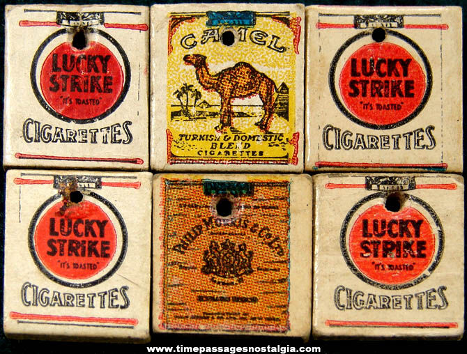 (6) Old Miniature Gum Ball Machine Prize Cigarette Pack Advertising Toy Charms