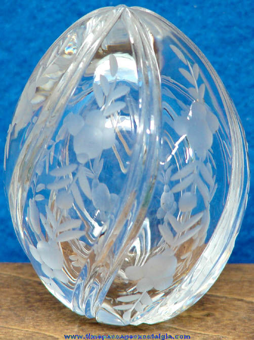 Old Signed Cut Crystal Glass Faberge Art Glass Egg With Spiral & Flowers