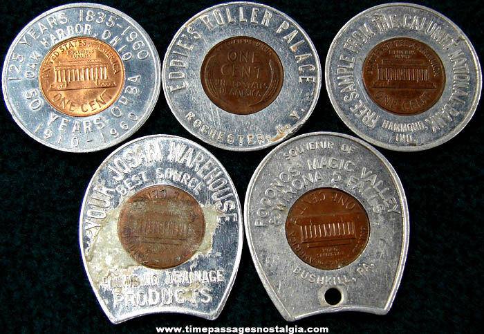 (5) Different Old Advertising Premium Encased Cent Token Charms