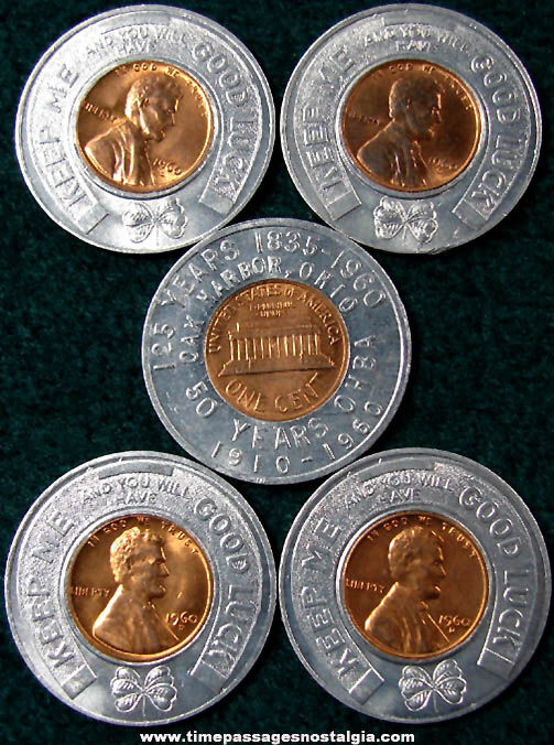 (5) Unused 1960 Oak Harbor Ohio Anniversary Advertising Souvenir Encased Cent Token Coins