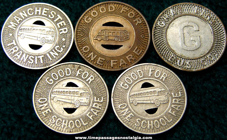 (5) Old Bus Transportation Advertising Metal Token Coins