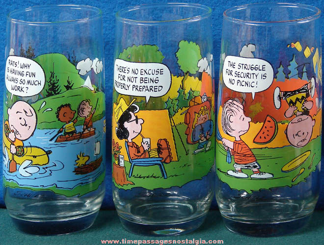 (3) Different 1983 McDonald’s Restaurant Camp Snoopy Peanuts Character Drink Glasses