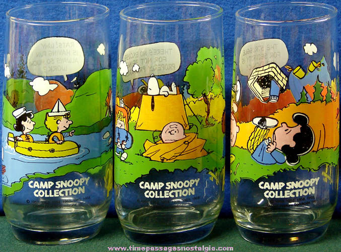 (3) Different 1983 McDonald’s Restaurant Camp Snoopy Peanuts Character Drink Glasses