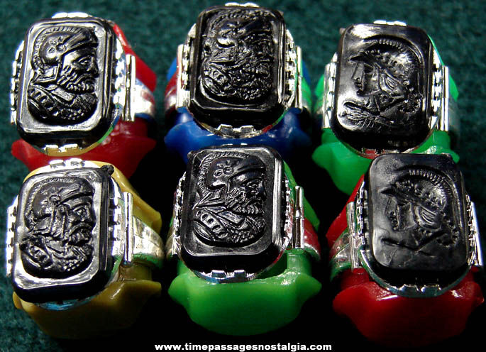 (6) Old Unused Gum Ball Machine Prize Roman Soldier Toy Rings with Special Holders