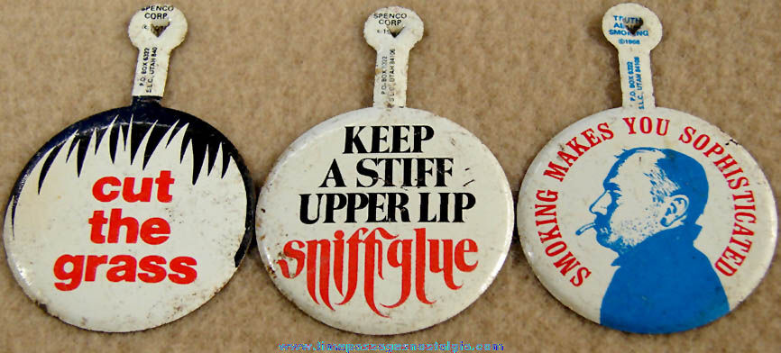 (3) Interesting Old Tin Tab Buttons With Sayings