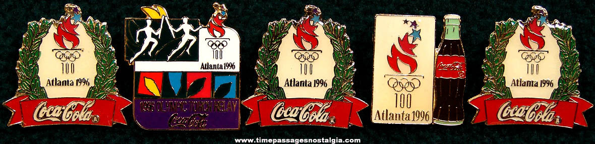 (5) 1996 Atlanta Georgia Olympic Games Enameled Coca Cola Advertising Pins
