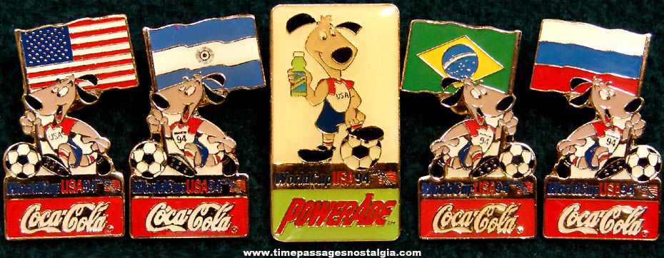 (5) 1994 World Cup Soccer Games Enameled Coca Cola Advertising Pins