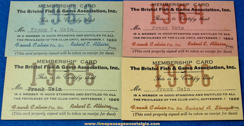 (4) 1963 - 1966 Bristol Fish & Game Association Membership Cards