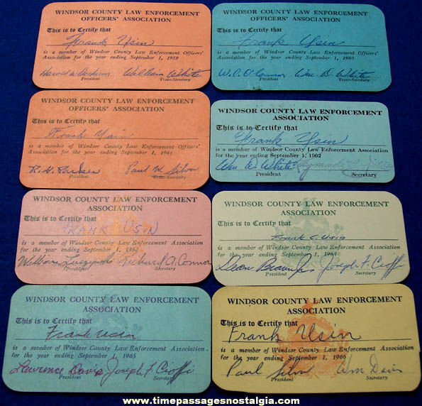 (8) 1959 - 1966 Windsor County Law Enforcement Officers Association Vermont Membership Cards