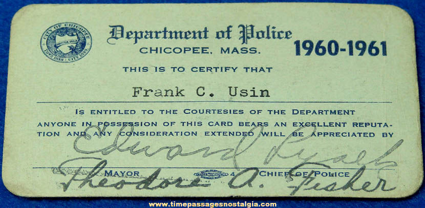 1960 - 1961 Chicopee Massachusetts Department of Police Courtesy Card