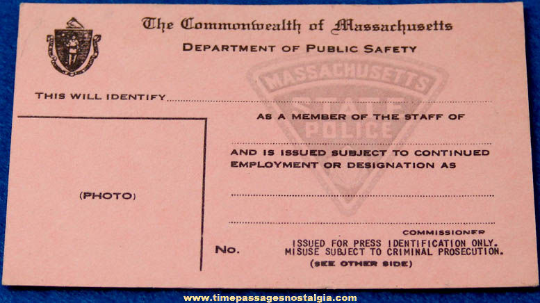Unused 1962 Massachusetts Department of Public Safety State Police Identification Card
