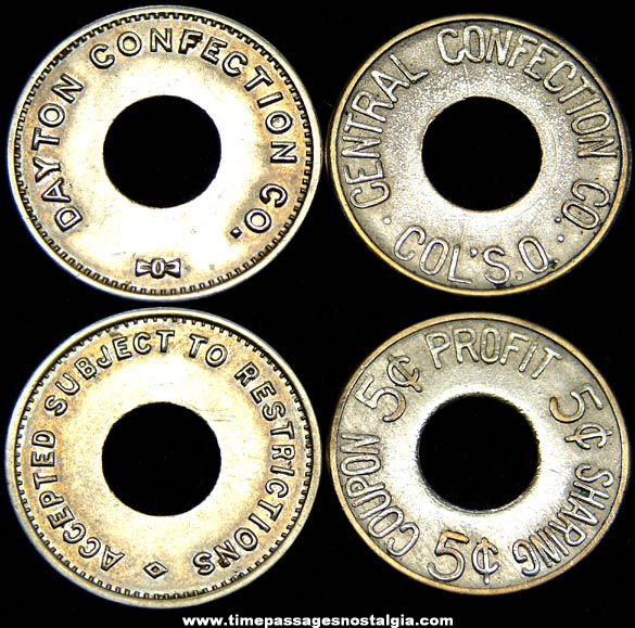 (2) Different Old Ohio Candy Confection Company Metal Advertising Token Coins