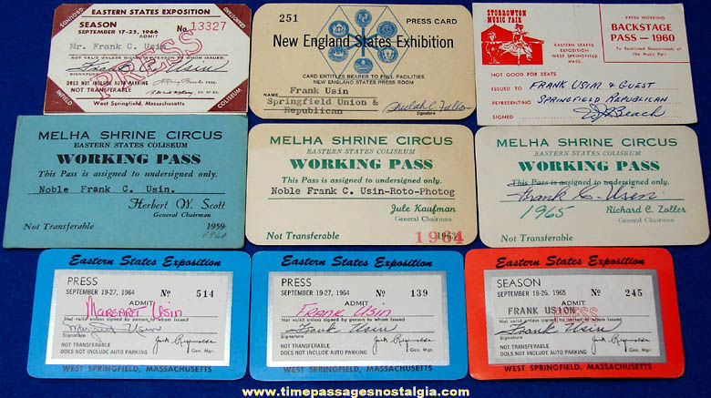 (9) Eastern States Exposition & Melha Shrine Circus Advertising Photographer Press Passes