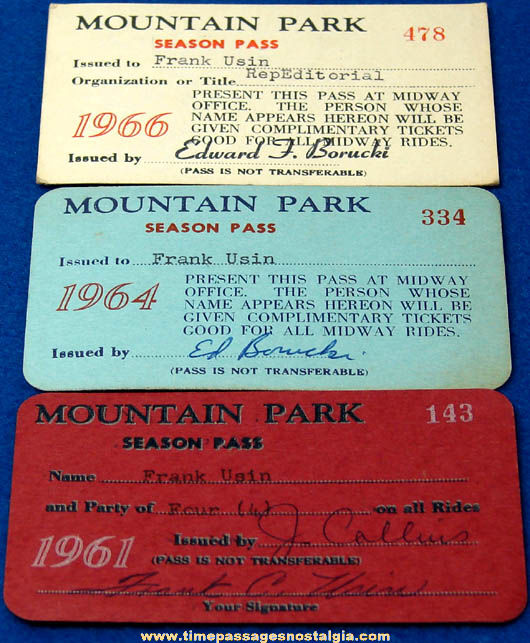 (3) 1960s Mountain Park Amusement Park Season Pass Tickets