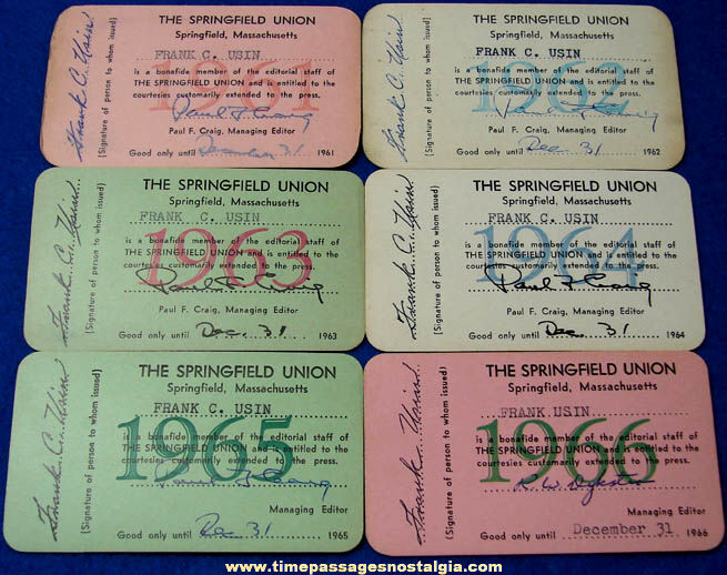 (6) 1961 - 1966 Springfield Union Springfield Massachusetts Newspaper Press Passes