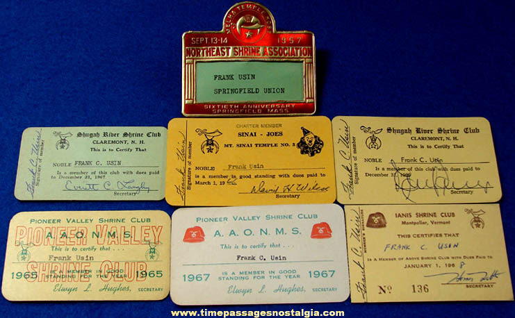 (7) 1950s & 1960s Shrine Club Membership Cards and Badge